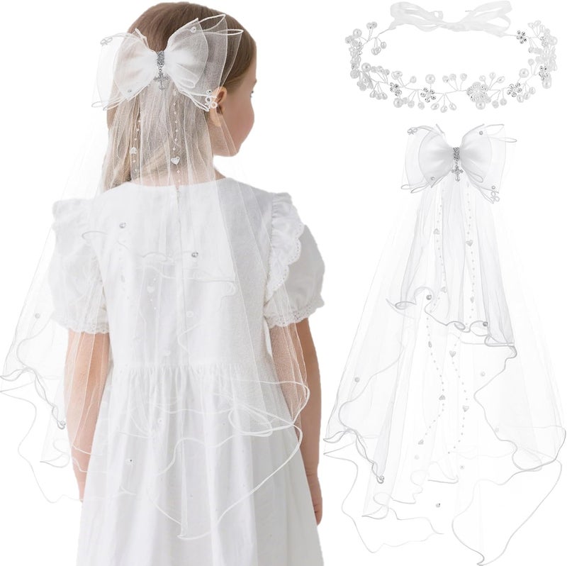 VULETO First Communion Veil Gifts for Girls Catholic White Bow Veil and Headpiece Accessories Set 1st Communion Easter Dress - Image 1